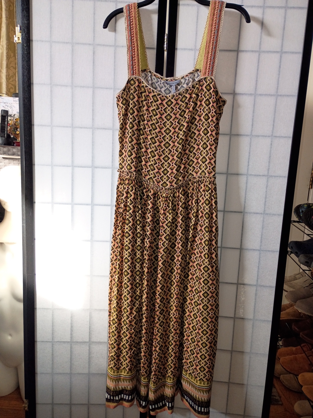 Anthropologie Pink, Green and Black Geometric Maxi Dress